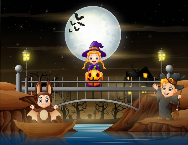 Crianças Felizes Traje Halloween Celebrando Ponte —  Vetores de Stock