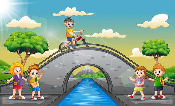 Счастливые Дети Играющие Мосту — стоковый вектор