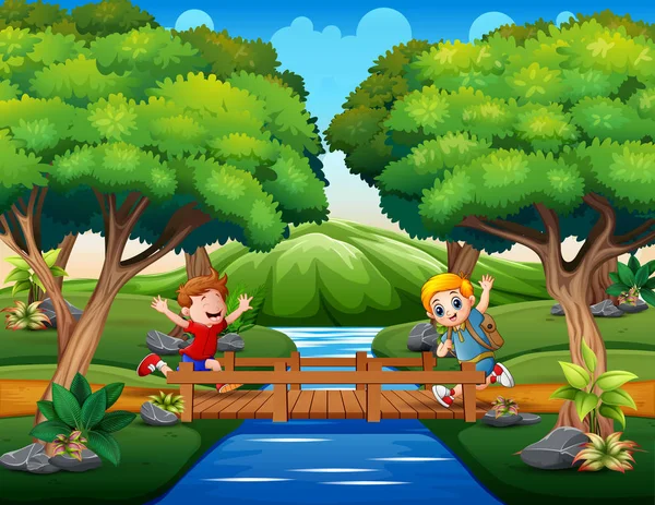 Happy Boys Ran Wooden Bridge — 스톡 벡터