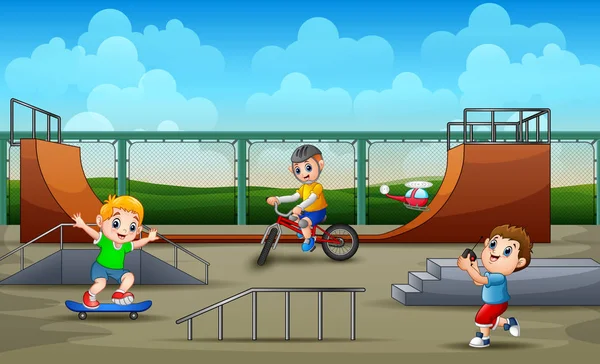Glückliche Jungs Haben Spaß Auf Dem Skatepark — Stockvektor