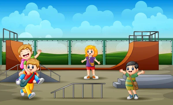 スケートパークで遊ぶ子供の漫画 — ストックベクタ