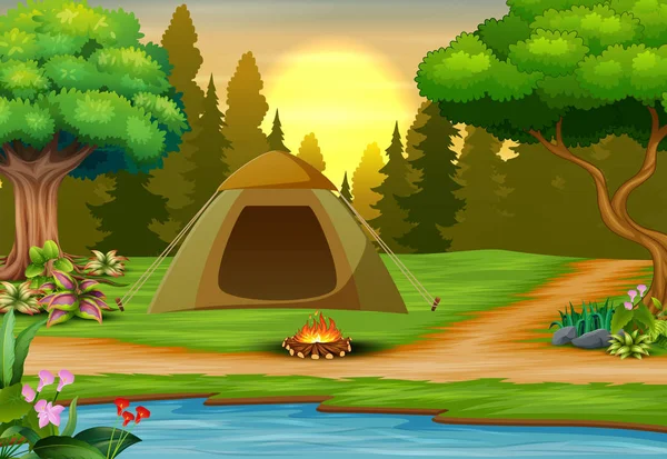 Antecedentes Del Camping Paisaje Atardecer — Vector de stock