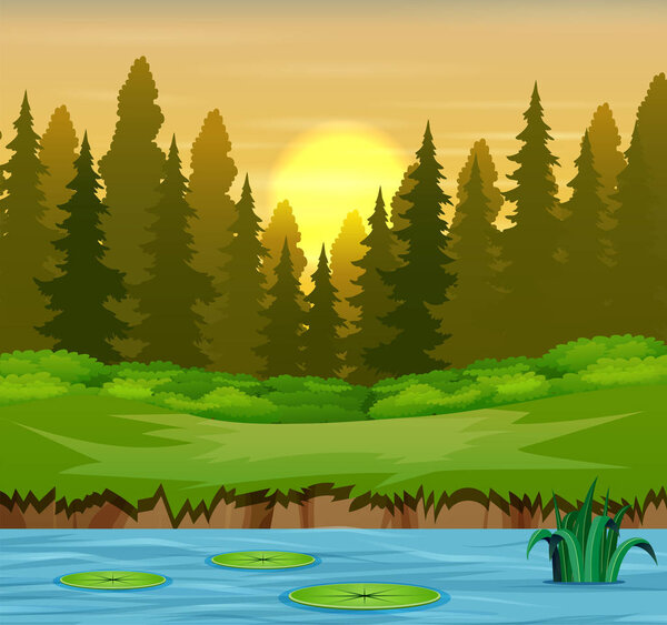 River in the forest and silhouettes background