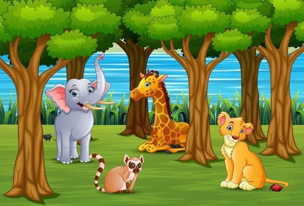 Animales Dibujos Animados Están Disfrutando Naturaleza Selva — Vector de stock