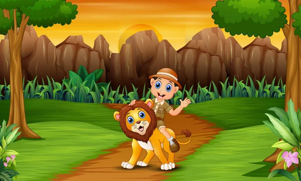 Glücklicher Zoowärter Mit Löwe Dschungel — Stockvektor