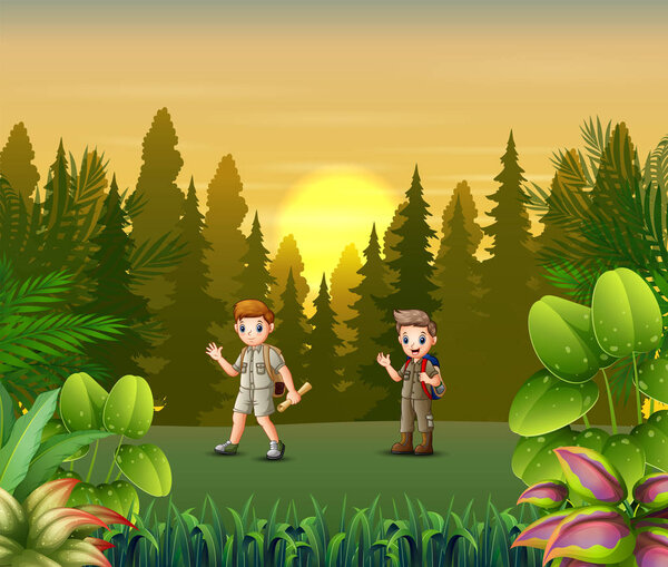 Sunset landscape with scout boys in forest