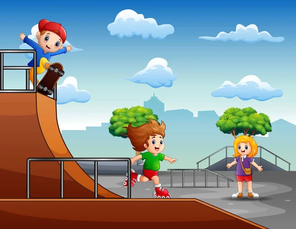 Enfants Heureux Chevauchant Des Patins Roulettes Skateboard — Image vectorielle