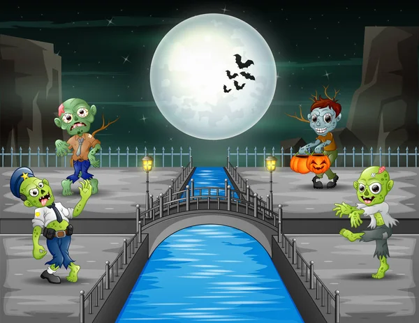 Noche Halloween Paisaje Con Zombies — Vector de stock