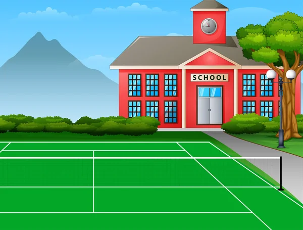 校舎のある屋外テニスコート — ストックベクタ