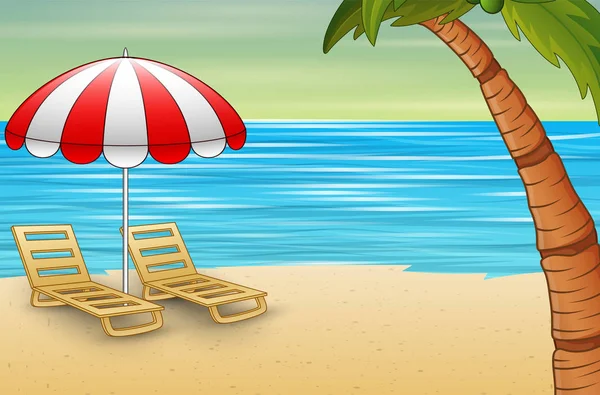 海滩上的两个日光浴室和阳伞 — 图库矢量图片