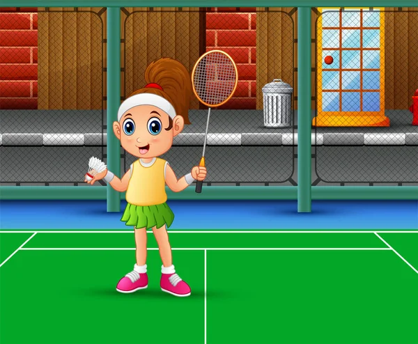 Belle Fille Jouant Badminton Tribunal — Image vectorielle