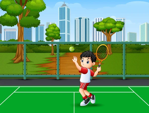 Lindo Niño Jugando Tenis — Vector de stock