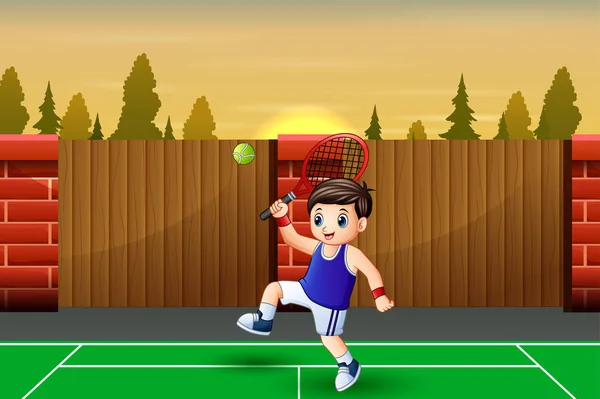 Joyeux Garçon Jouant Tennis Sur Les Courts — Image vectorielle