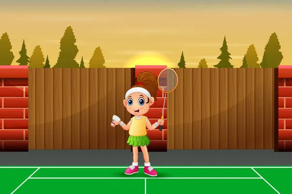 Lustige Mädchen Cartoon Badminton Spielen — Stockvektor