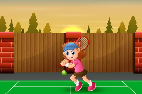 Hermosa Chica Jugando Tenis Cancha — Vector de stock