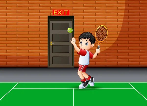 Šťastný Chlapec Hraje Tenis Uvnitř — Stockový vektor