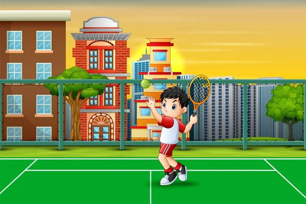 Dessin Animé Garçon Jouant Tennis Court — Image vectorielle