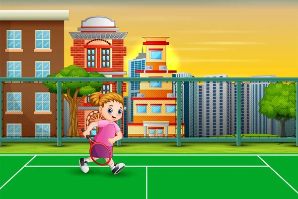 Gadis Bahagia Bermain Tenis Lapangan - Stok Vektor