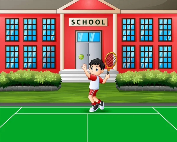 Joyeux Garçon Jouant Tennis École — Image vectorielle