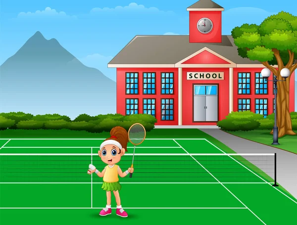 Ragazza Felice Giocare Badminton Scuola Corte — Vettoriale Stock