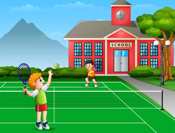 Con Ragazzi Che Giocano Tennis Scuola — Vettoriale Stock