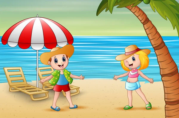 Niños Divertidos Playa Sombrero Paja — Vector de stock