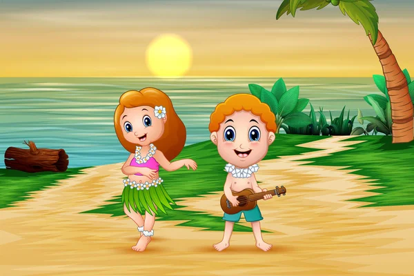 Junge Spielt Gitarre Und Hawaiianisches Mädchen Hula Tanzt Meer — Stockvektor