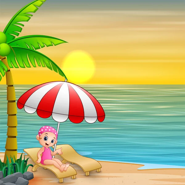 Girl Relaxing Lounger Parasol Beach — Stock Vector