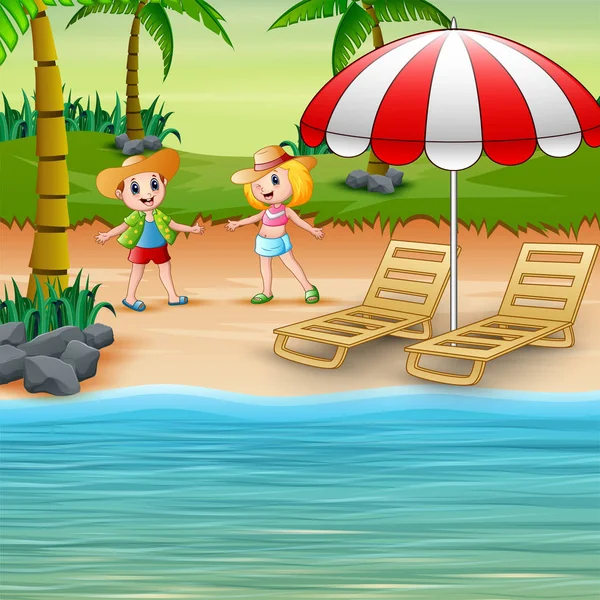 Zábavné Děti Pláži Slaměném Klobouku — Stockový vektor