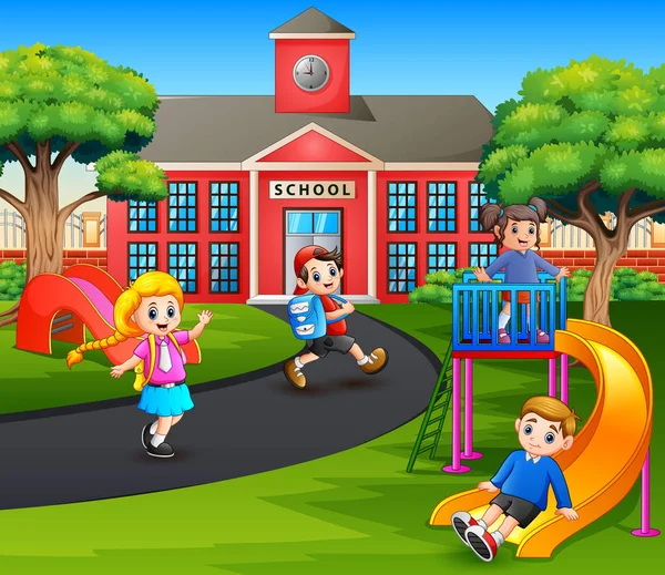 Happy Kids Playing Playground School — Stockový vektor