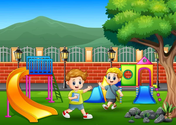 Ragazzi Felici Parco Giochi — Vettoriale Stock