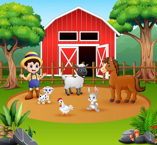 Agricultor Con Animales Frente Granero — Vector de stock
