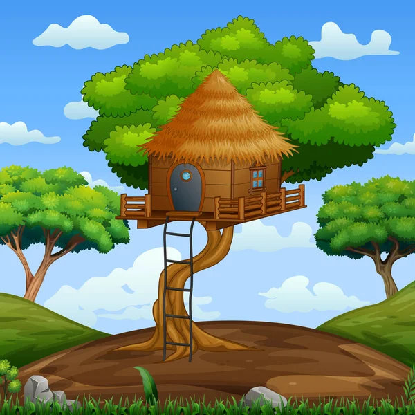 Scena Drewnianym Domkiem Drzewie Lesie — Wektor stockowy