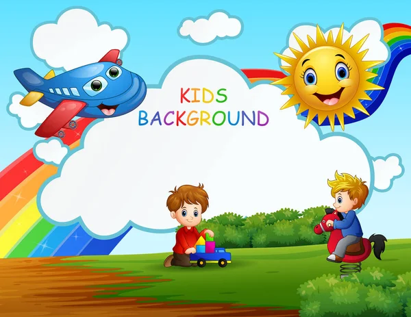 两个男孩在彩虹背景下玩耍的场景 — 图库矢量图片