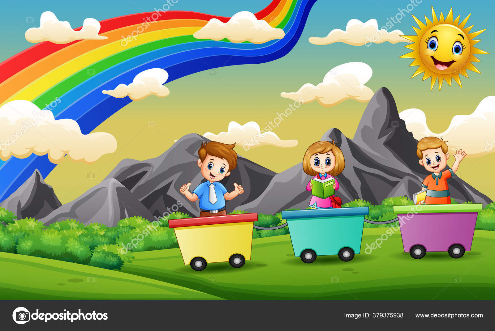 Happy Children Riding Train Field Stock Vector by ©dualoro 379375938
