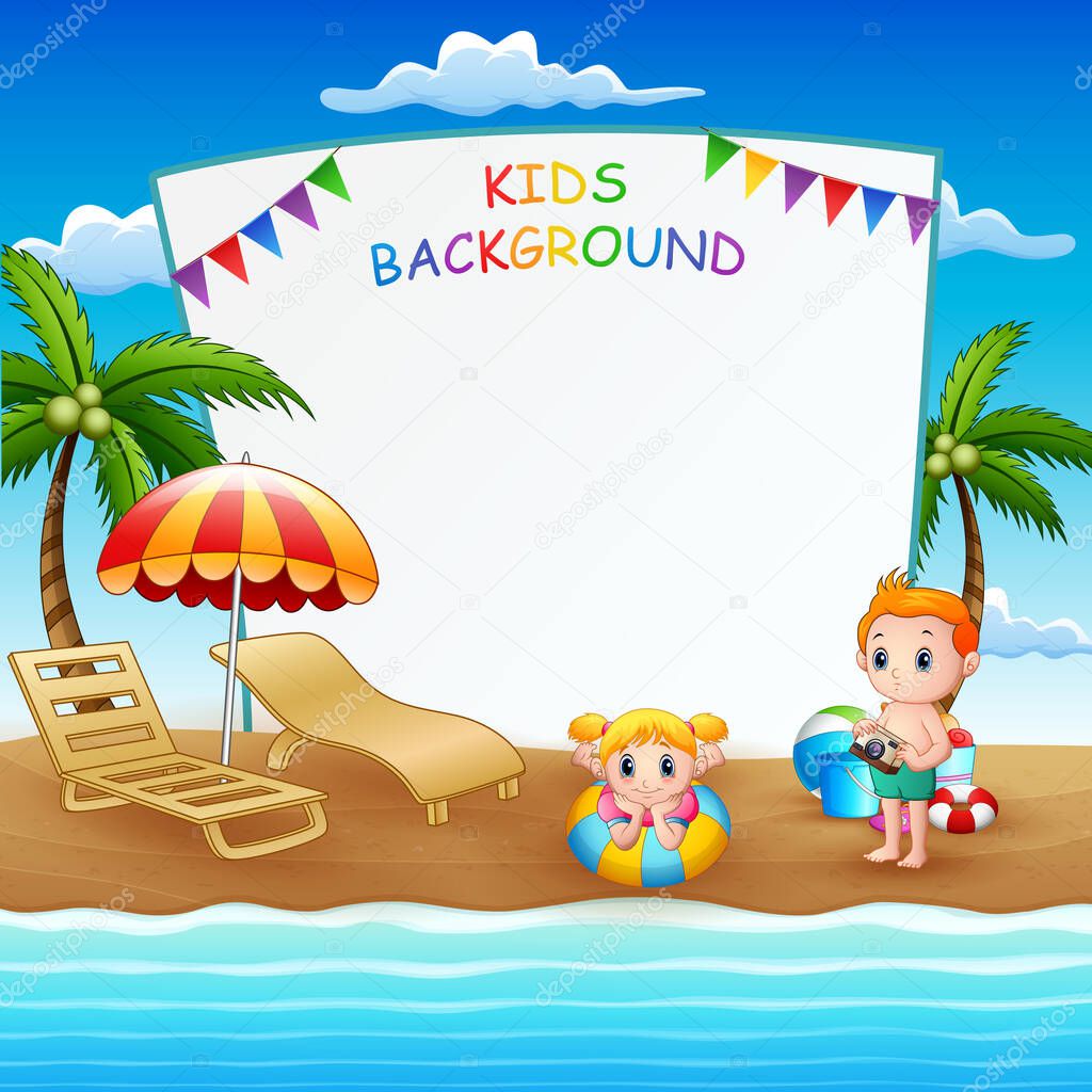 Blank sign template with kids on the beach illustration