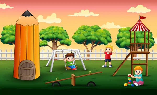 Сцена Детьми Играющими Парке — стоковый вектор