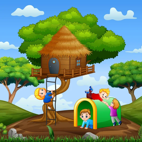 Kinder Spielen Baumhaus Park Illustration — Stockvektor