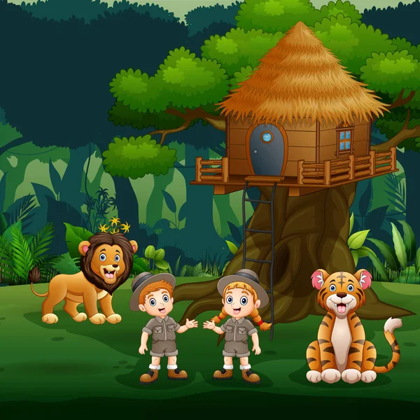 Zookeeper Niños Jugando Con Animales Bajo Casa Del Árbol — Archivo Imágenes Vectoriales