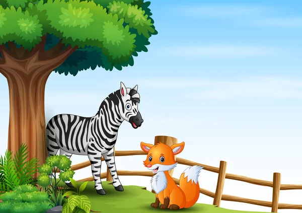 Una Zebra Una Volpe Che Giocano Sotto Grande Albero — Vettoriale Stock