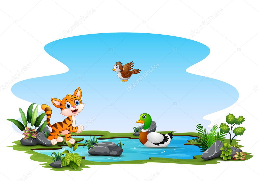 Happy animals playing on the small pond