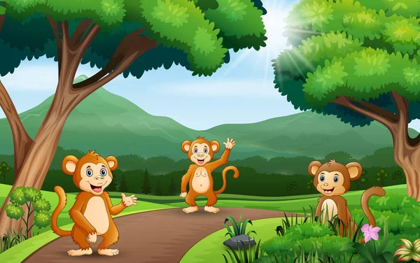 Cena Fundo Com Três Macacos Natureza — Vetor de Stock