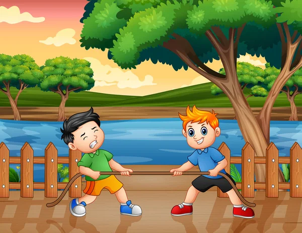 Zwei Jungen Spielen Tauziehen Der Seebrücke — Stockvektor