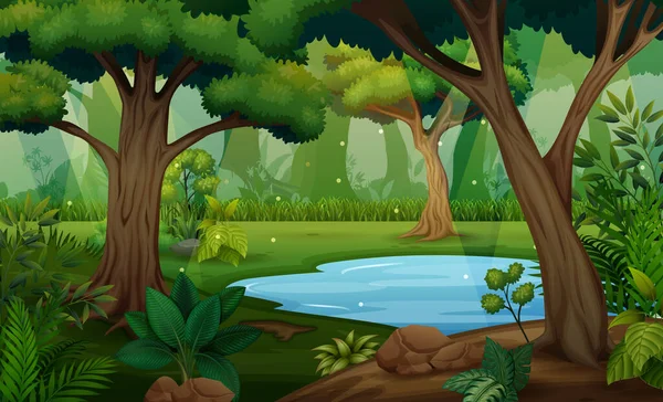 木々や池のイラストが描かれた森の風景 — ストックベクタ