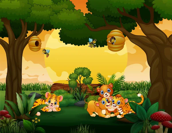 Tiger Und Löwen Spielen Wald — Stockvektor