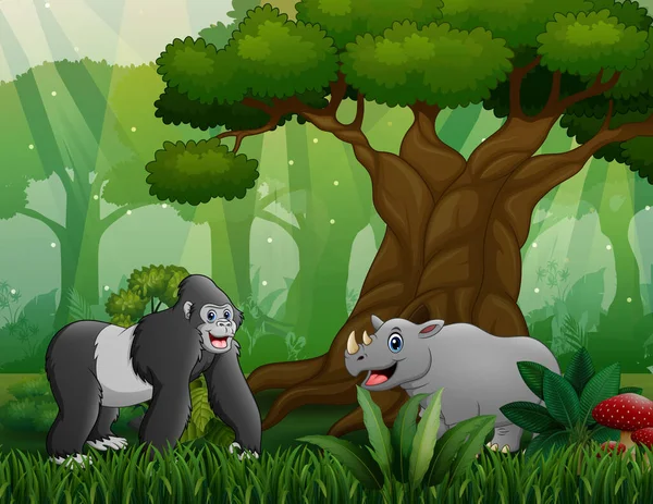 Gorila Con Rinoceronte Viviendo Bosque — Archivo Imágenes Vectoriales