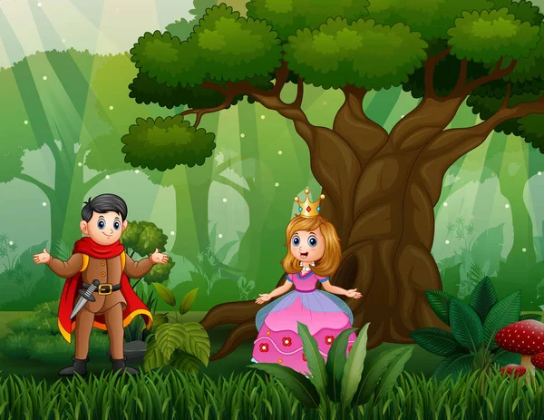 Cartoon Een Prins Prinses Het Bos — Stockvector