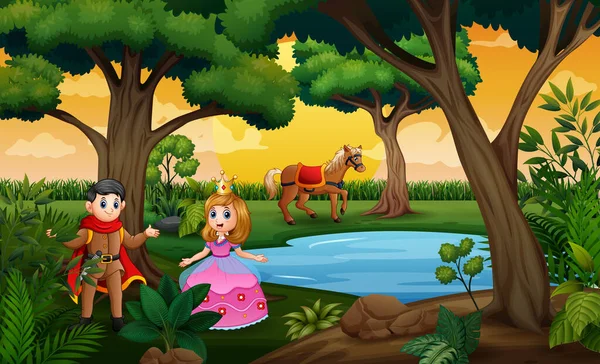 Fairytale Scene Princess Princes Wood — Stock Vector