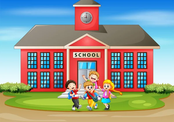 Muchos Niños Divierten Frente Escuela — Vector de stock