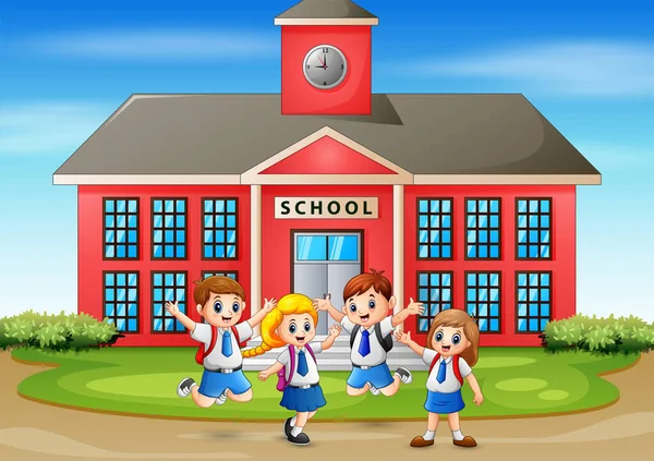 Happy Siswa Depan Gedung Sekolah - Stok Vektor